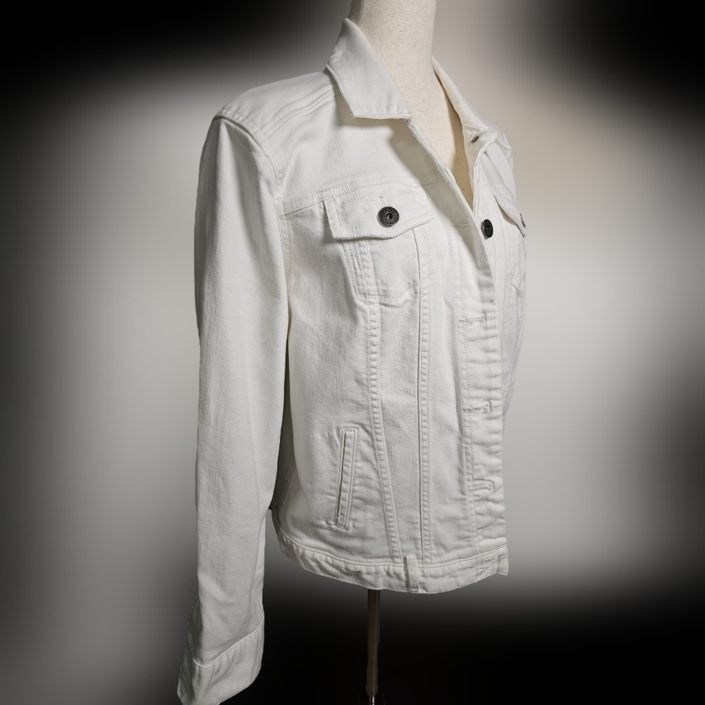 White Eddie Bauer White Jean Jacket with Bronze Buttons Stretchy  XL - Picture 5 of 15